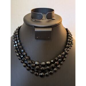 VTG 1950s Jonne by Schrager Three Strand Black Faceted Glass Beaded Necklace